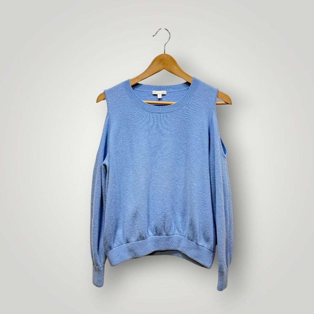 Minnie Rose Womens 100% Cashmere Cold Shoulder‎ Sweater Light Blue Crew Neck M